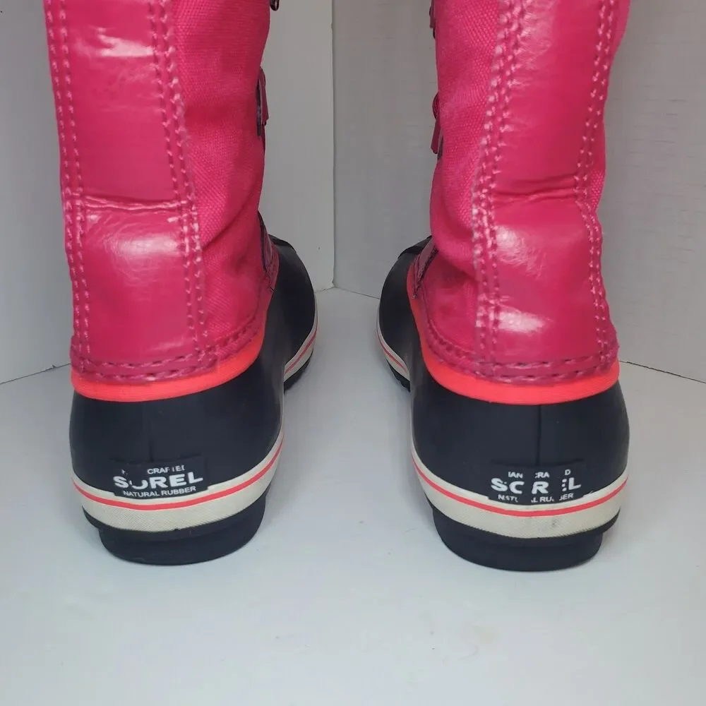 Sorel Girls Sz 5 Yoot Pac Snow Boots Pink Black Waterproof Winter Faux Fur EUC